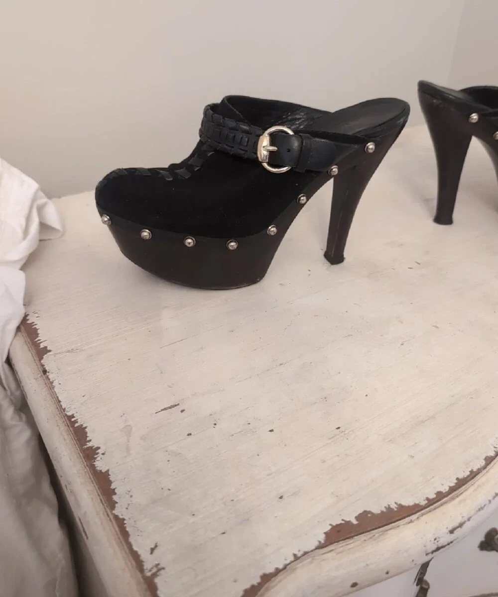 Gucci Black Studded Suede Platform Mule Heels